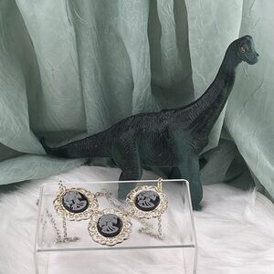 Patina Silverish Three Pendant Necklace with Gray Gothic Skeleton in Black Cameo